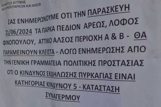 Ανακοίνωση Περιφέρειας Αττικής για τα κλειστά πάρκα λόγω καιρού